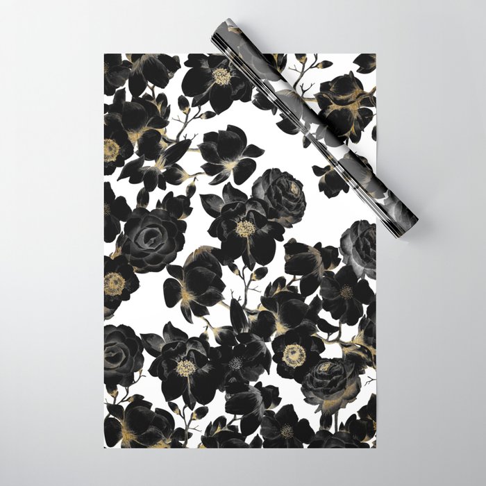 Modern Elegant Black White and Gold Floral Pattern Wrapping Paper